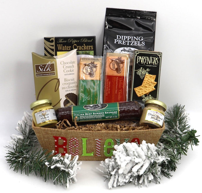 Assorted snack gift basket with jars, dipping pretzels, crackers, and cookies