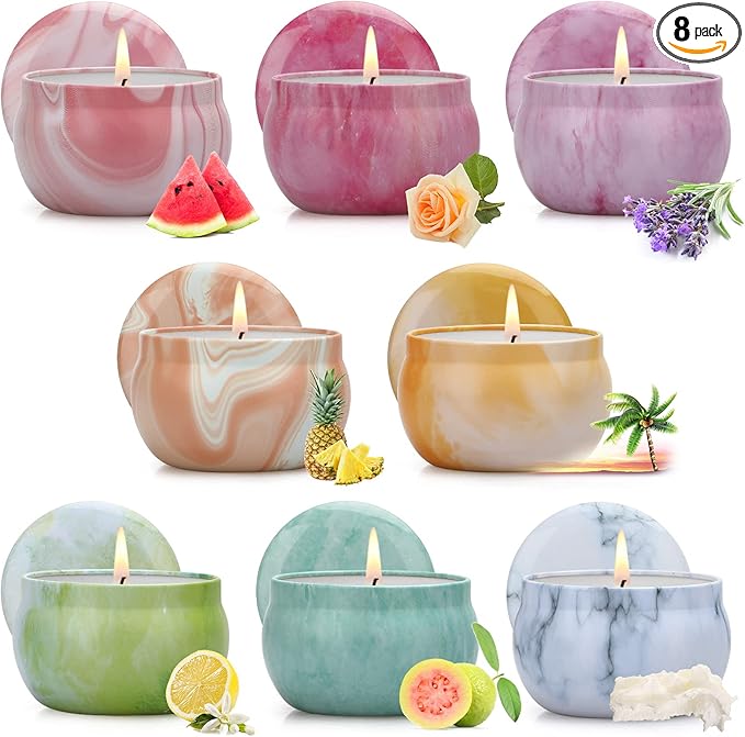 Soy scented candle set of 8 in pink, purple, beige, orange, green, teal, and blue cups