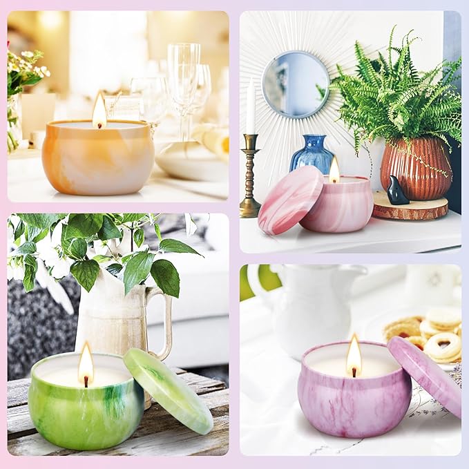 Assorted scented soy candles in orange, pink, green, and lavender jars with flames