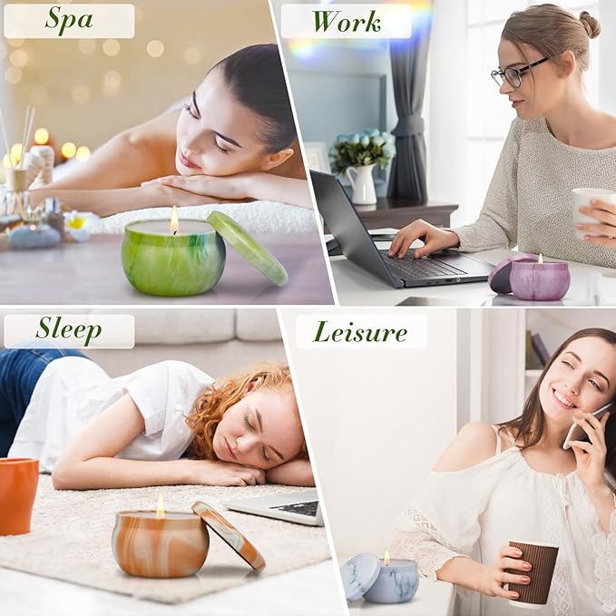 Scented soy candle set shown in spa, work, sleep, and leisure scenes with flames