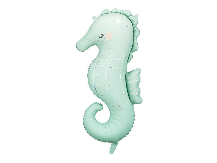 Mint green seahorse shaped helium balloon with scalloped fins and tail loops