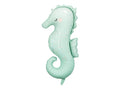 Mint green seahorse shaped helium balloon with scalloped fins and tail loops