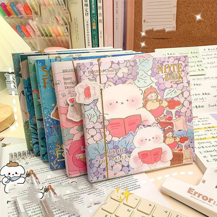 Pastel character notebook set with illustrated covers and gold-tone ring binding