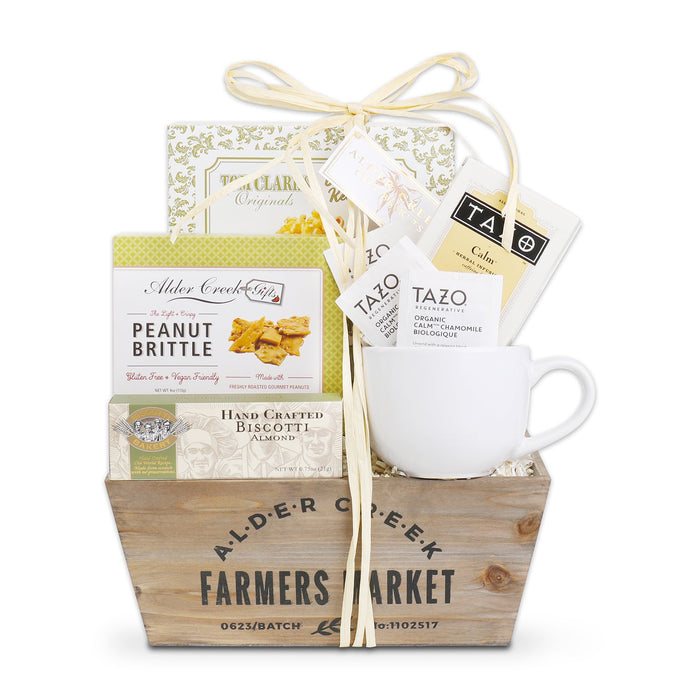 Tea gift basket with wooden crate, white mug, TAZO tea packets, peanut brittle, biscuits