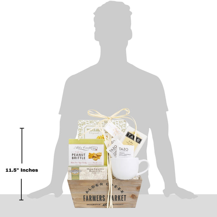 11.5-inch tea gift basket with wooden crate, white mug, TAZO tea packets and peanut brittle