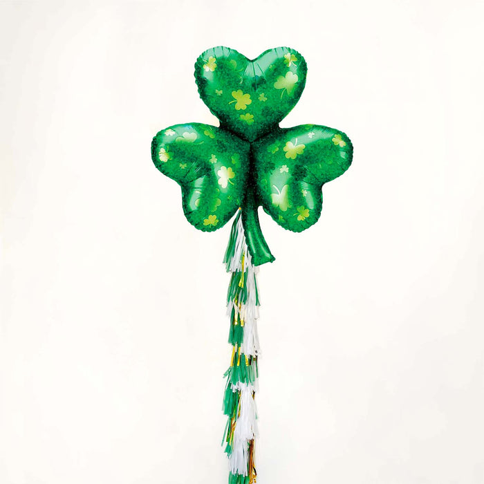 Shamrock clover balloon with green foil, shamrock icons, and hanging tassels