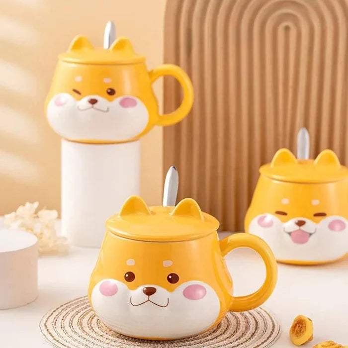 Yellow Shiba-style dog face mug with lid, side handle and inner white cup