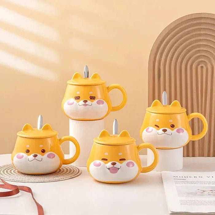 Set of yellow dog-face mugs with lids, each with side handle and white inner cup