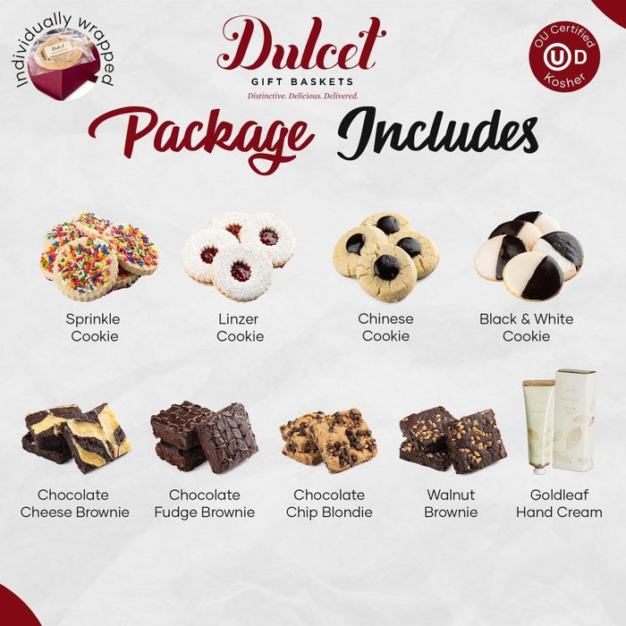 Gift basket package showing cookie varieties and Goldleaf hand cream