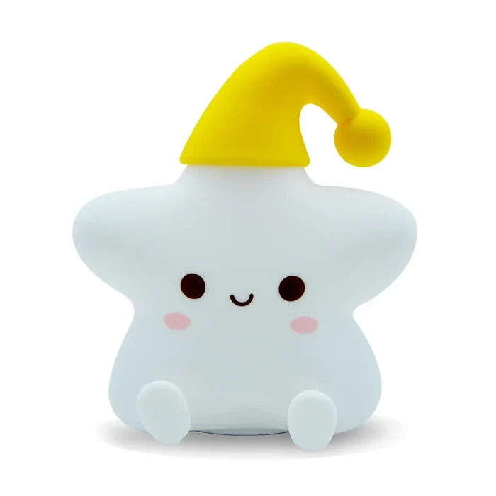 Silicone star LED night light, pale white body with yellow cap and smiling face