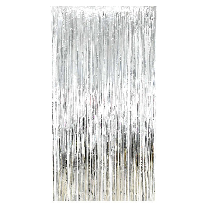 Silver metallic fringe curtain backdrop, vertical shiny tinsel strips