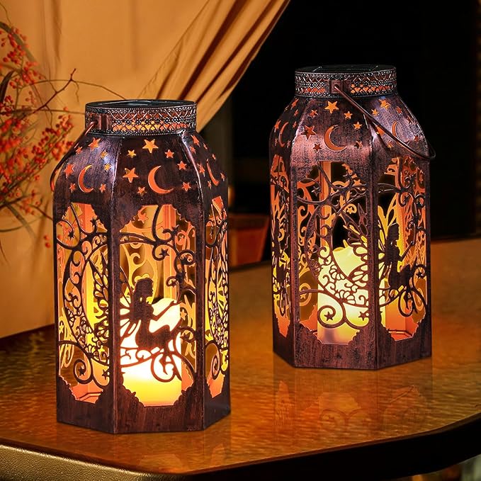 Bronze solar LED lanterns with cutout moon and star silhouettes, flameless warm glow (2-pack)