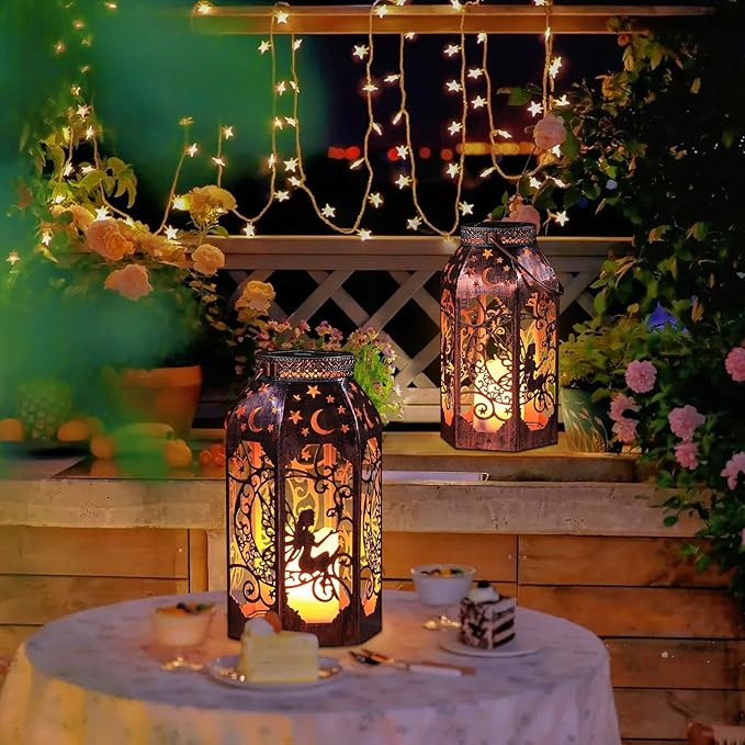 Bronze solar LED lantern with hanging handle, moon and star cutouts, warm flicker glow