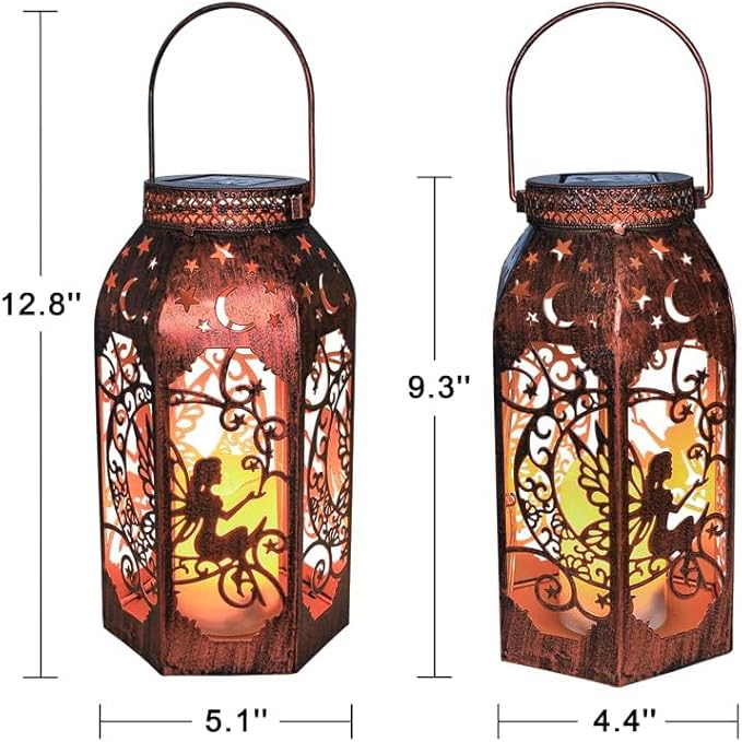 Bronze solar LED lantern dimensions shown: 12.8 in and 9.3 in, moon and star cutouts