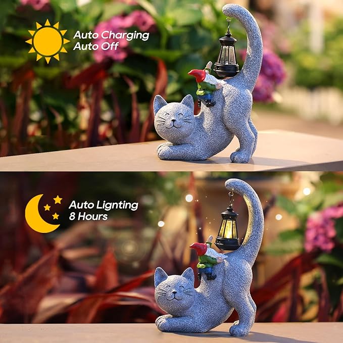 Gray cat statue with raised tail solar lantern and gnome perched on its back