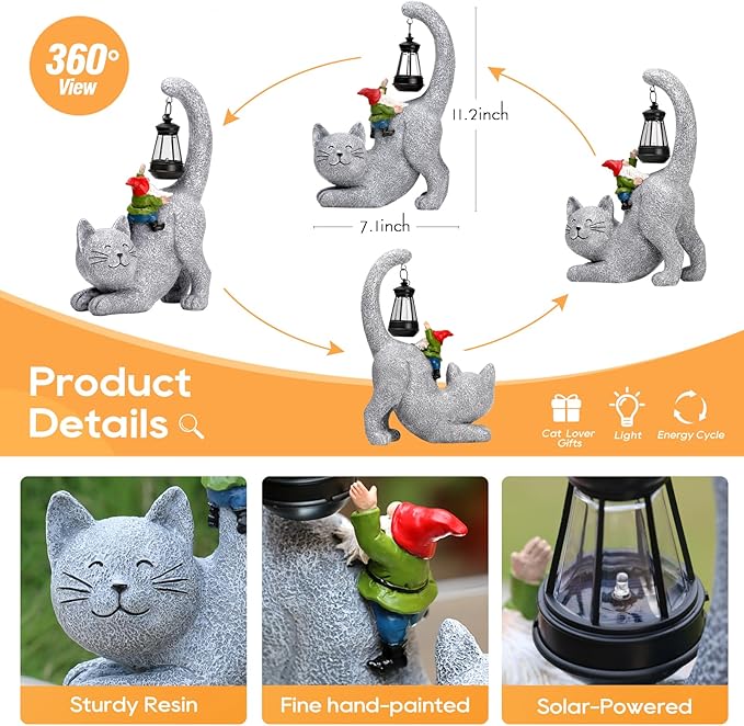 Gray solar-powered cat ornament with lantern and gnome figurine, resin style