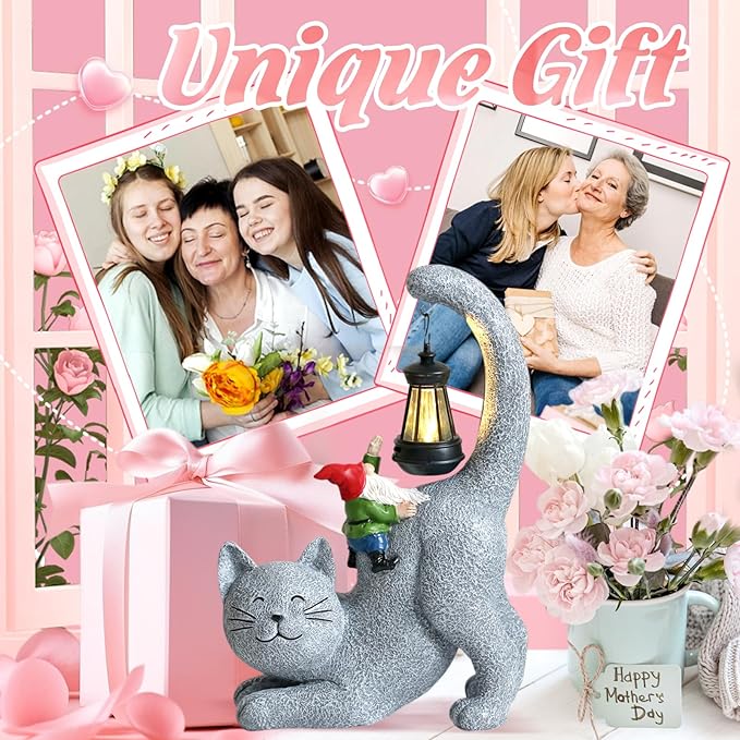 Gray cat statue with solar lantern and gnome figurine, decorative Mother’s Day gift