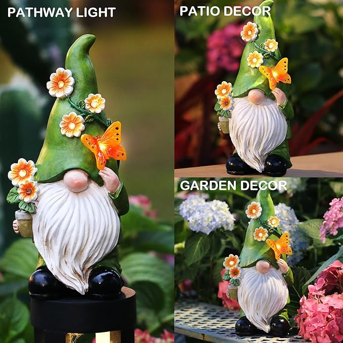 Outdoor resin garden gnome statue with green hat, white beard, orange flowers and butterfly