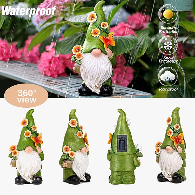 Solar garden gnome statue, green hat and white beard with orange butterfly; waterproof