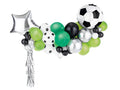 Soccer balloon garland kit with black, white, green, and silver soccer-themed balloons