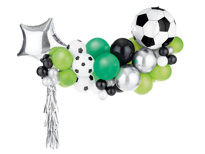 Soccer balloon garland kit with black, white, green, and silver soccer-themed balloons
