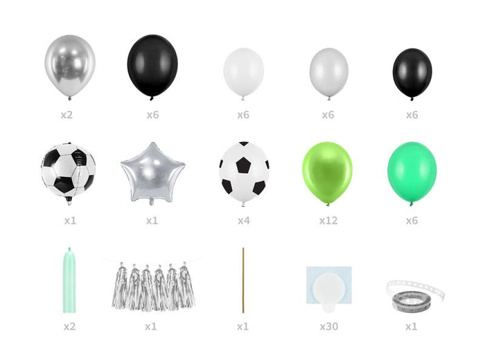 Soccer balloon garland kit accessories: metallic and latex balloons, soccer and star balloons