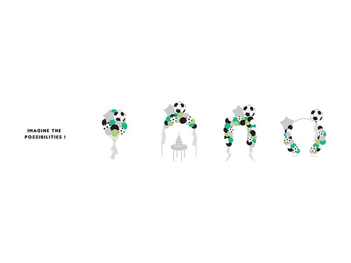 Soccer balloon garland number pieces with white and black soccer-pattern balloons