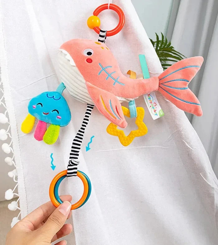 Soft hanging fish and star rattle toy with blue and pink fish plush