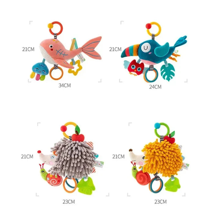 Soft hanging animal crib mobile toy set with whale, fish, and pom-pom toppers