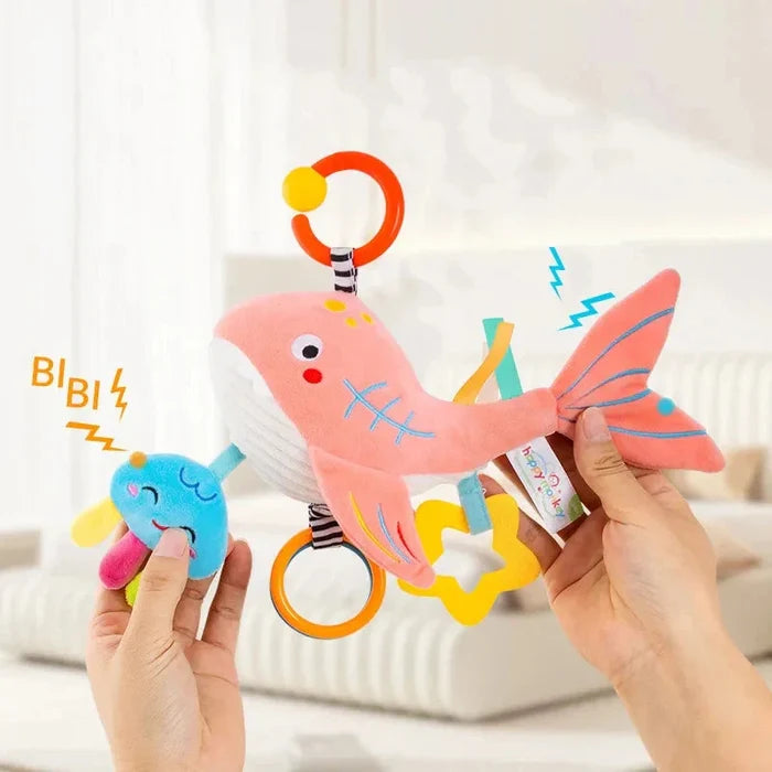 Soft hanging pink fish rattle toy with blue fish plush and star-shaped piece