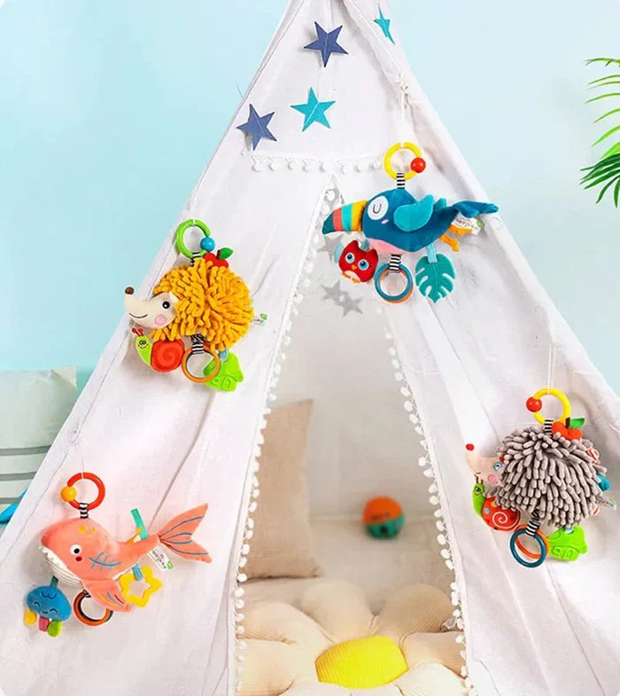 Soft hanging animal rattle set on play tent with whale and pom-pom figures