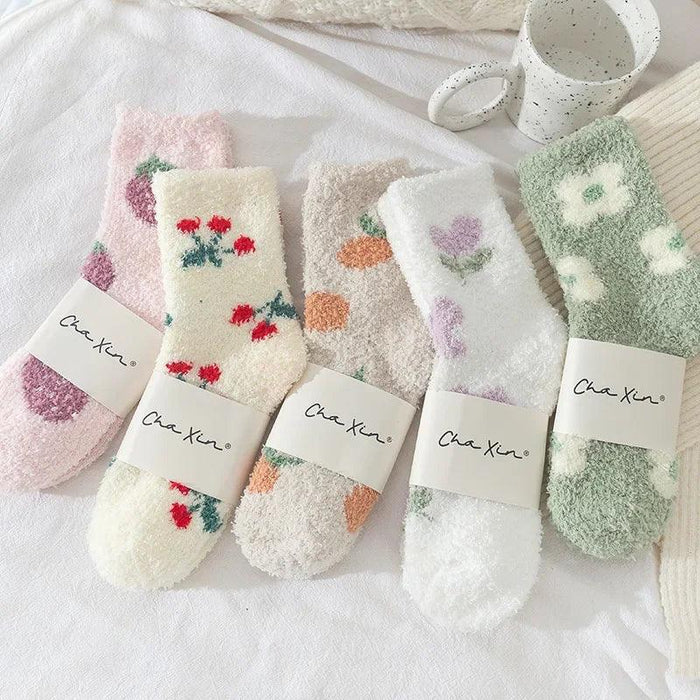 Plush sleeping socks set in cream and green with colorful fruit and floral prints