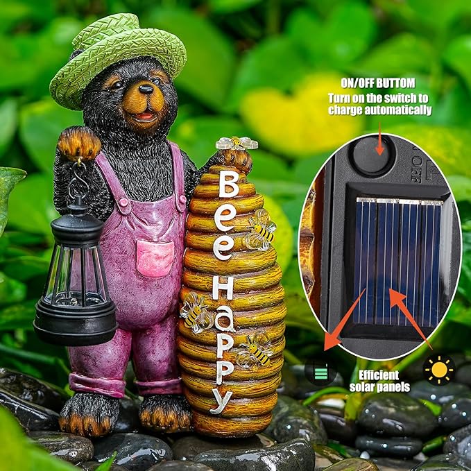 Solar bear garden statue with green hat, lantern, and beehive, with solar panel diagram.