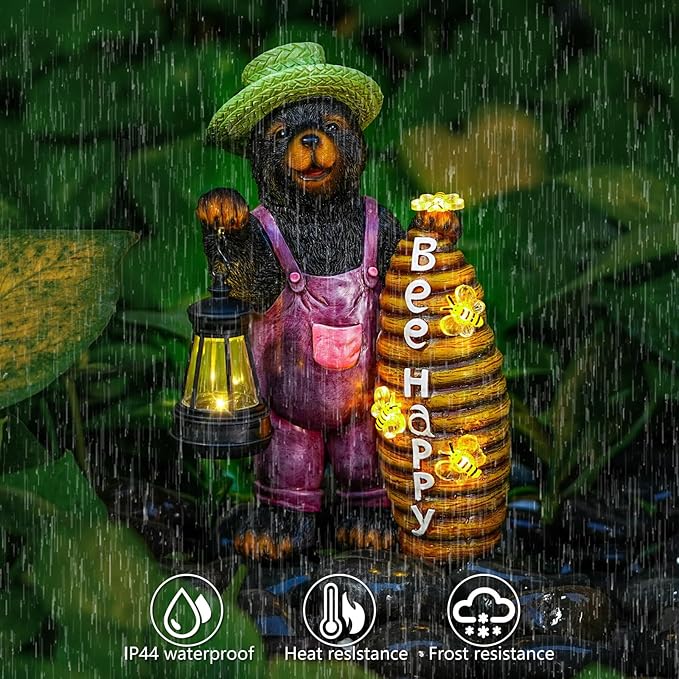 Solar bear statue with green hat holding a glowing lantern, beside beehive, with weather icons.