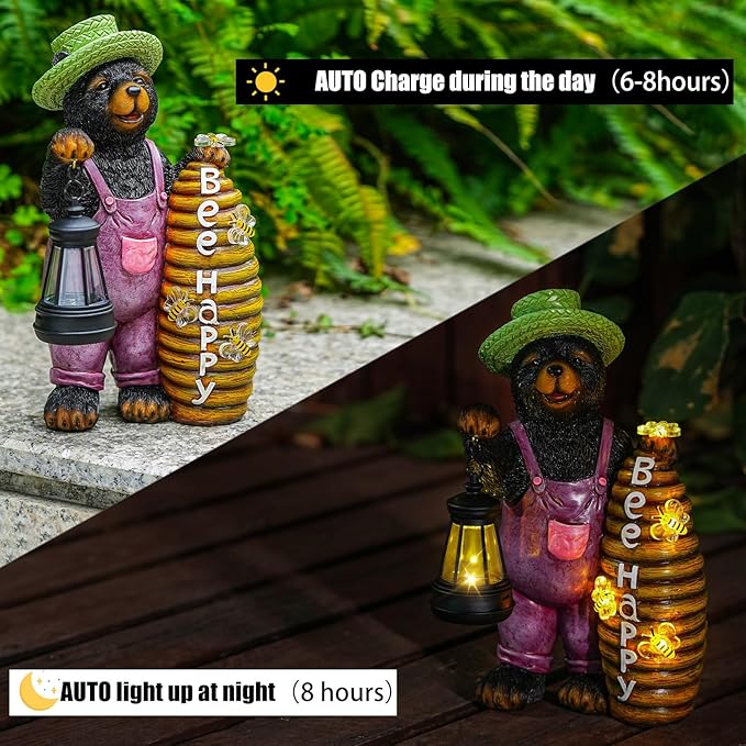 Solar bear statue with lantern and beehive shown on stone, with auto-charge callout.
