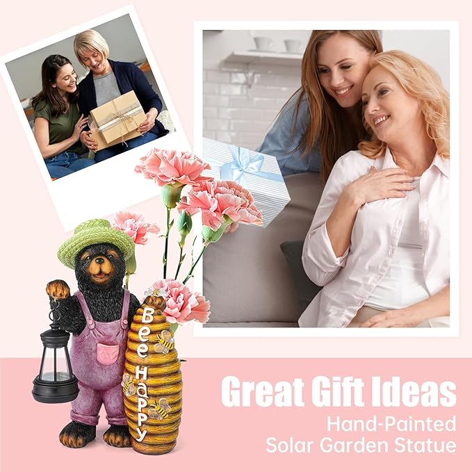 Solar bear garden statue with green hat, purple overalls, lantern, and beehive, gift-themed layout.