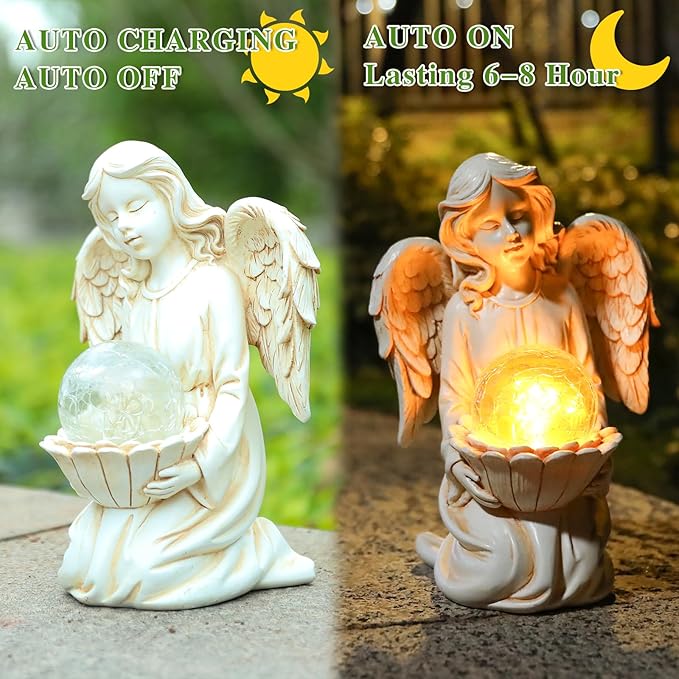 Solar Angel Garden Statue Holding Lotus with Crackle Glass Globe - UV-Resistant Resin Outdoor Decor