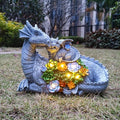 Solar LED dragon garden statue with two dragons, colorful succulent flowers, glowing lights