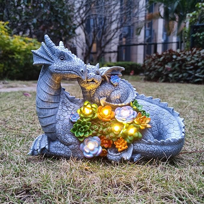 Solar LED dragon garden statue with two dragons, colorful succulent flowers, glowing lights
