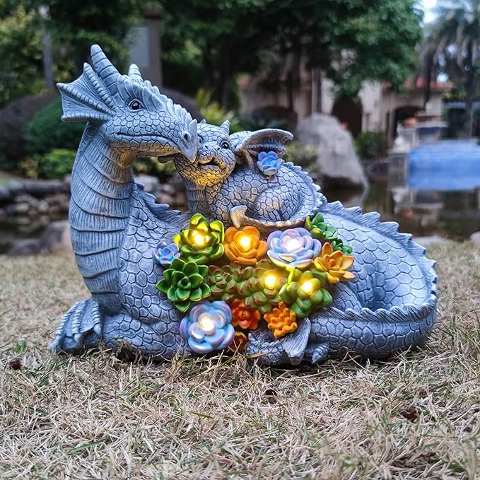 Solar LED dragon garden statue with two dragons and succulent flowers, warm glowing lights