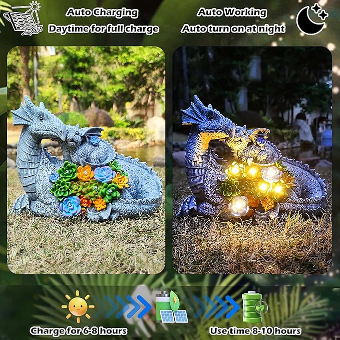 Solar LED dragon garden statue with succulent flowers, shown in day and night lighting