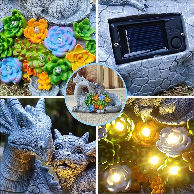 Solar LED dragon statue close-up of succulents and glowing LED lights inside shell