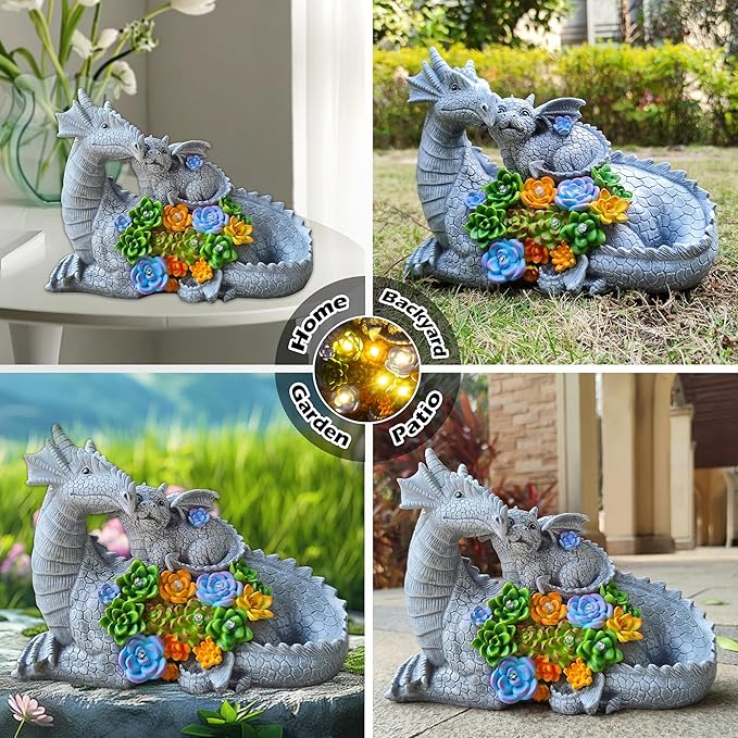 Solar LED dragon garden statue with two dragons and succulent bouquet, lights glowing
