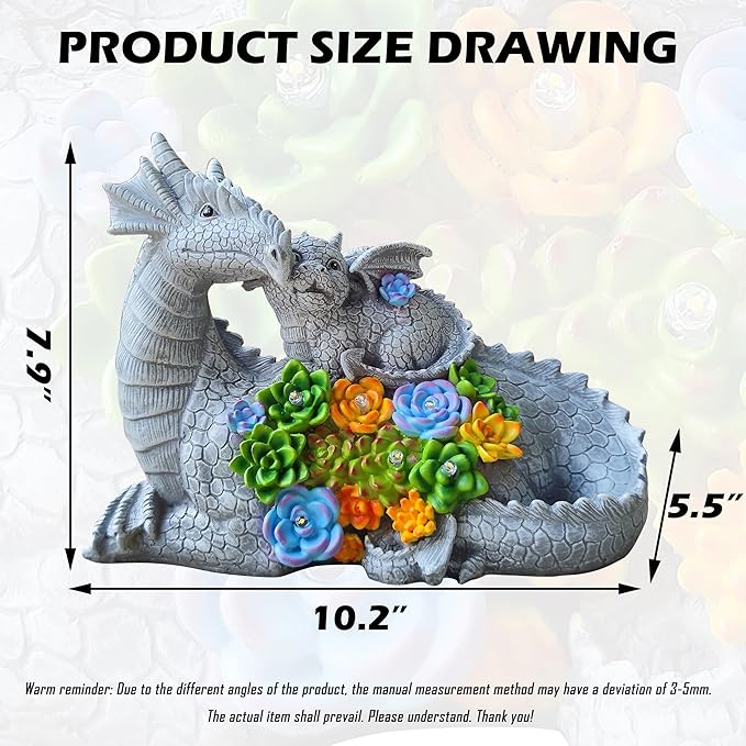 Solar LED dragon garden statue with two dragons and succulent bouquet, size diagram view