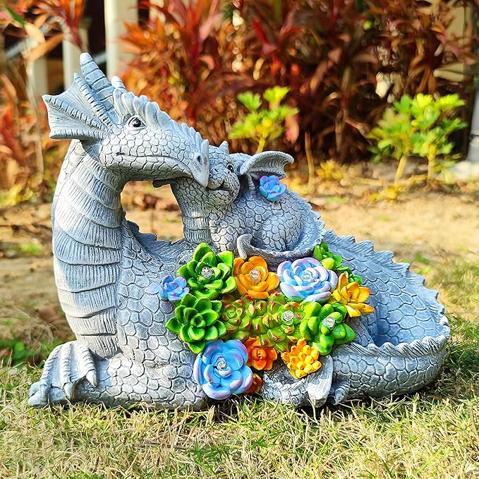 Dragon garden statue with two dragons and colorful succulent bouquet, LED lights not visible