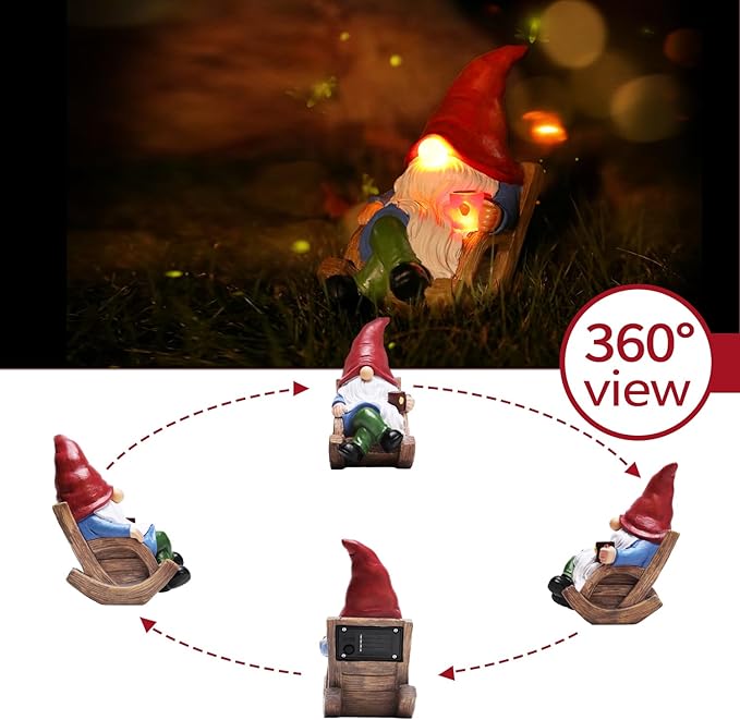 Solar garden gnome on wooden sled with red hat and glowing lantern, shown in multiple angles