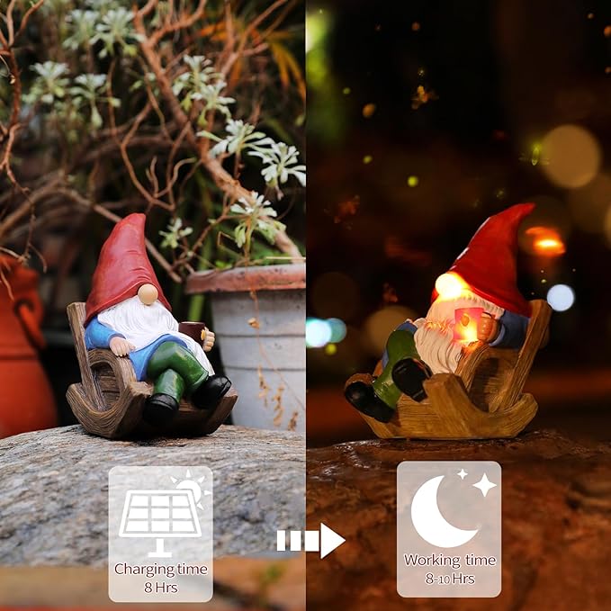 Solar garden gnome figurine on wooden sled with lit lantern, red hat and green pants