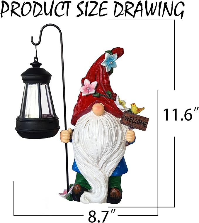 Solar garden gnome statue with black lantern, approx. 11.6 in tall