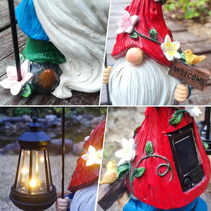Solar gnome statue detail close-up: white beard, welcome sign, red hat, glowing lantern