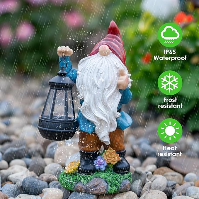 Waterproof solar gnome statue with red hat, long white beard, blue coat, lantern in rain